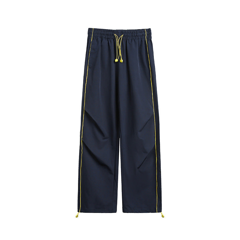 Side striped casual straight leg pants loose drawstring parachute pants