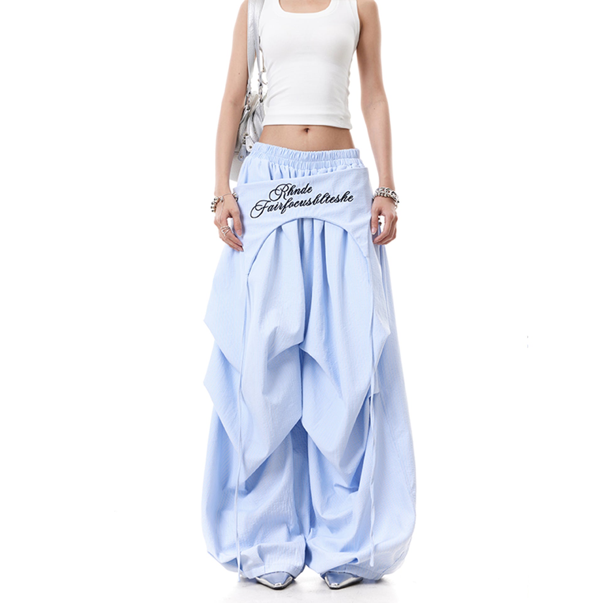 Strap striped casual wide leg pants fart curtain parachute pants