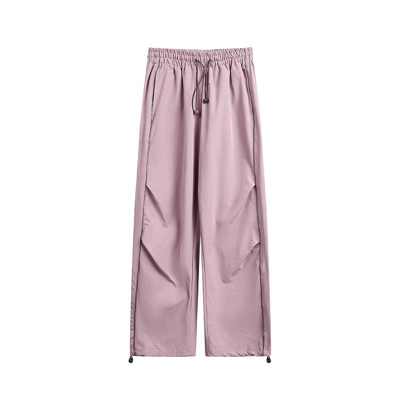 Side striped casual straight leg pants loose drawstring parachute pants