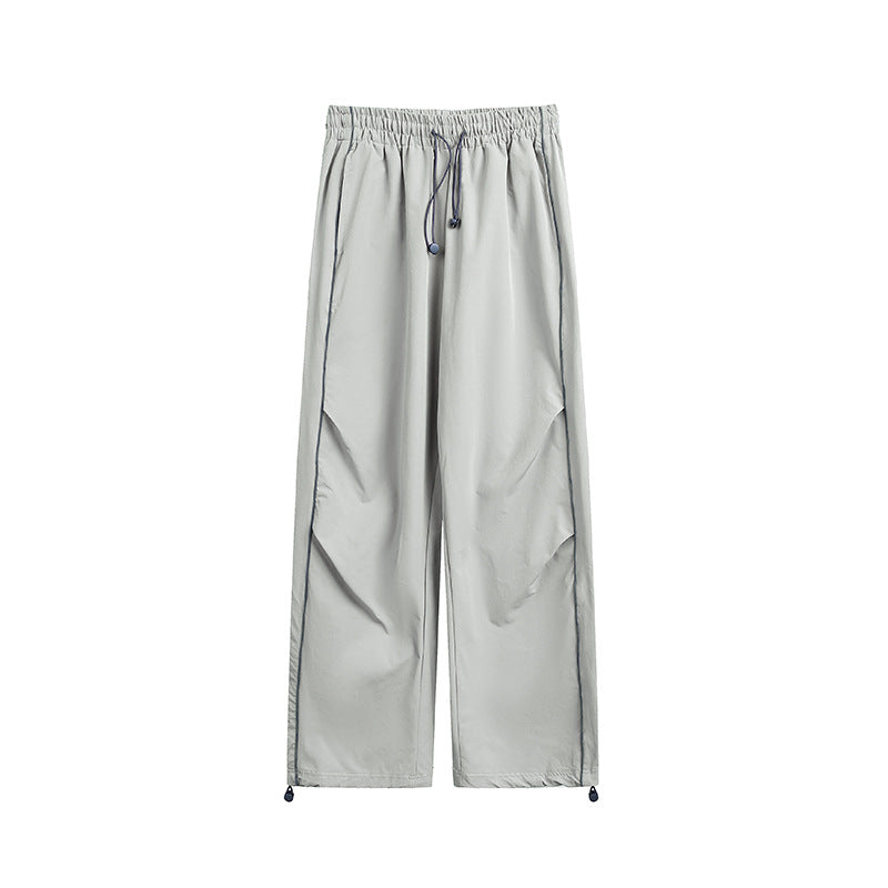 Side striped casual straight leg pants loose drawstring parachute pants
