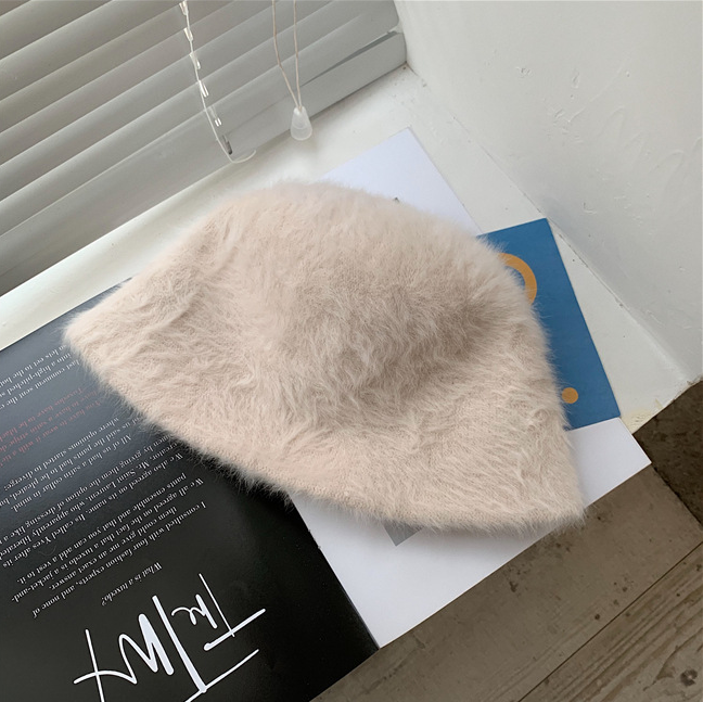 Hat winter women's fashion Solid color rabbit fur hat bucket cap  fisherman's hat retro knitted wool basin Bucket Hat