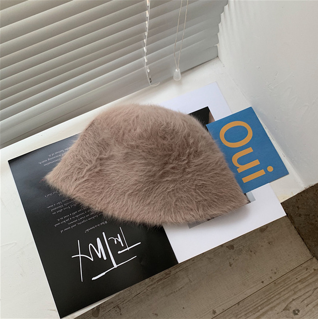 Hat winter women's fashion Solid color rabbit fur hat bucket cap  fisherman's hat retro knitted wool basin Bucket Hat