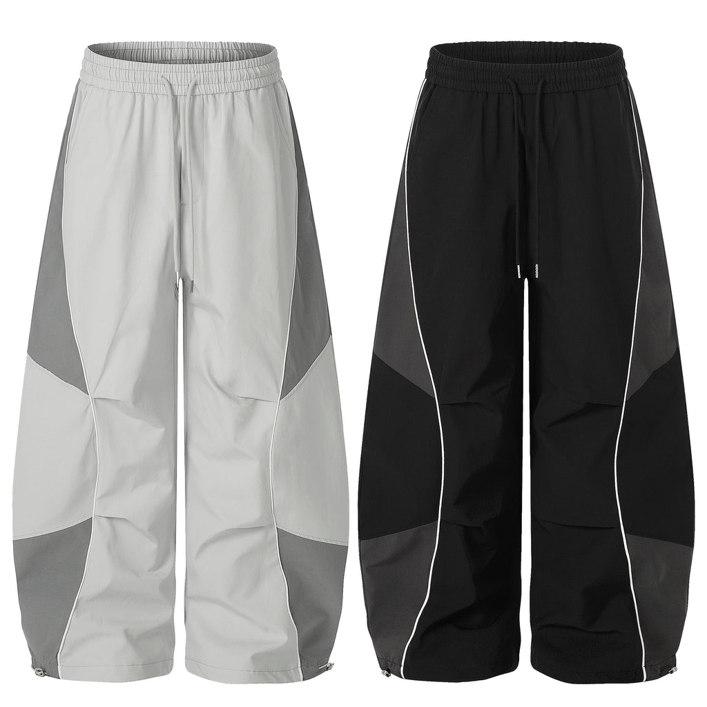 Color-blocked Drawstring Cuffed Wide Leg Pants Parachute Pants Loose Slimming Unisex Trendy Casual Long Pants