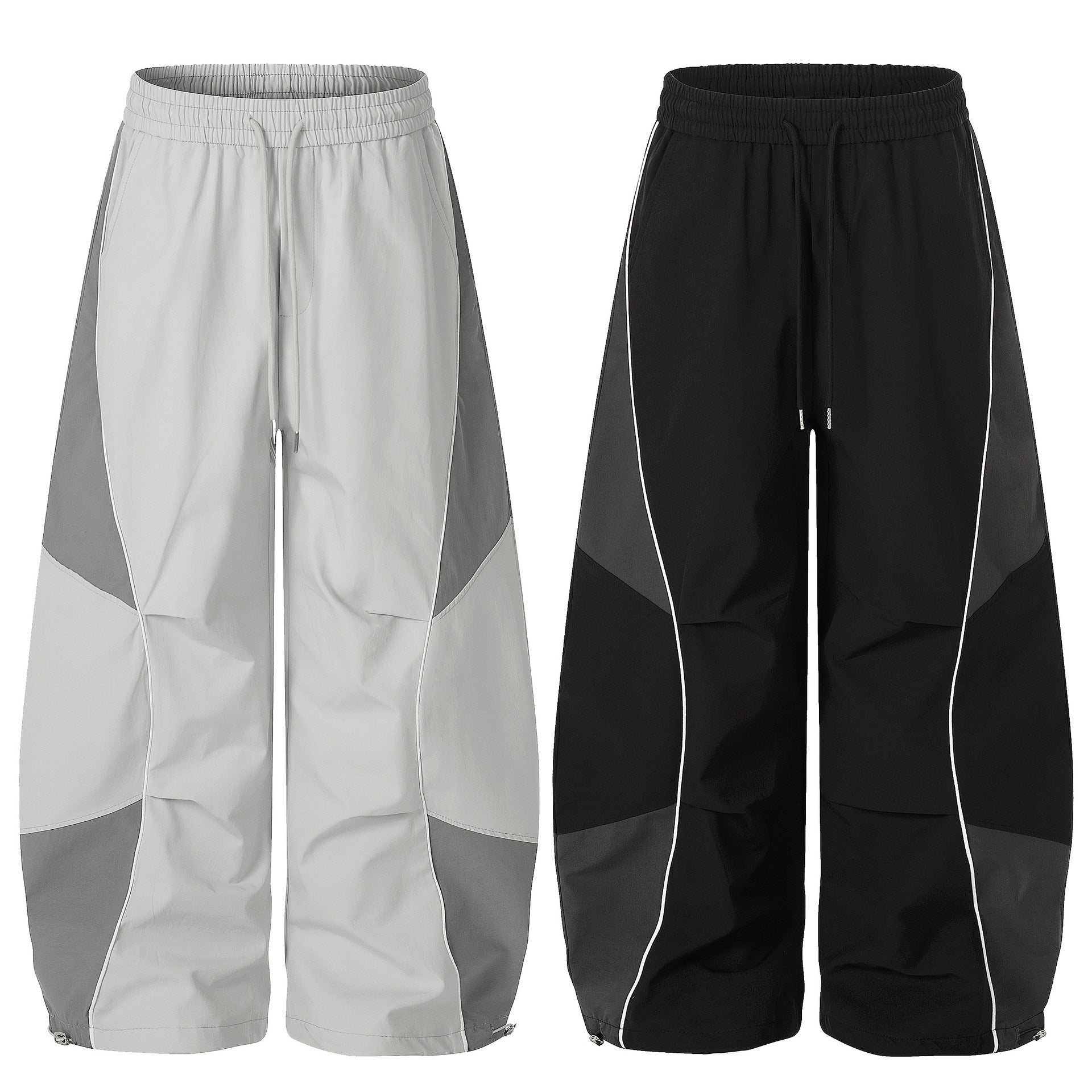 Color-blocked Drawstring Cuffed Wide Leg Pants Parachute Pants Loose Slimming Unisex Trendy Casual Long Pants