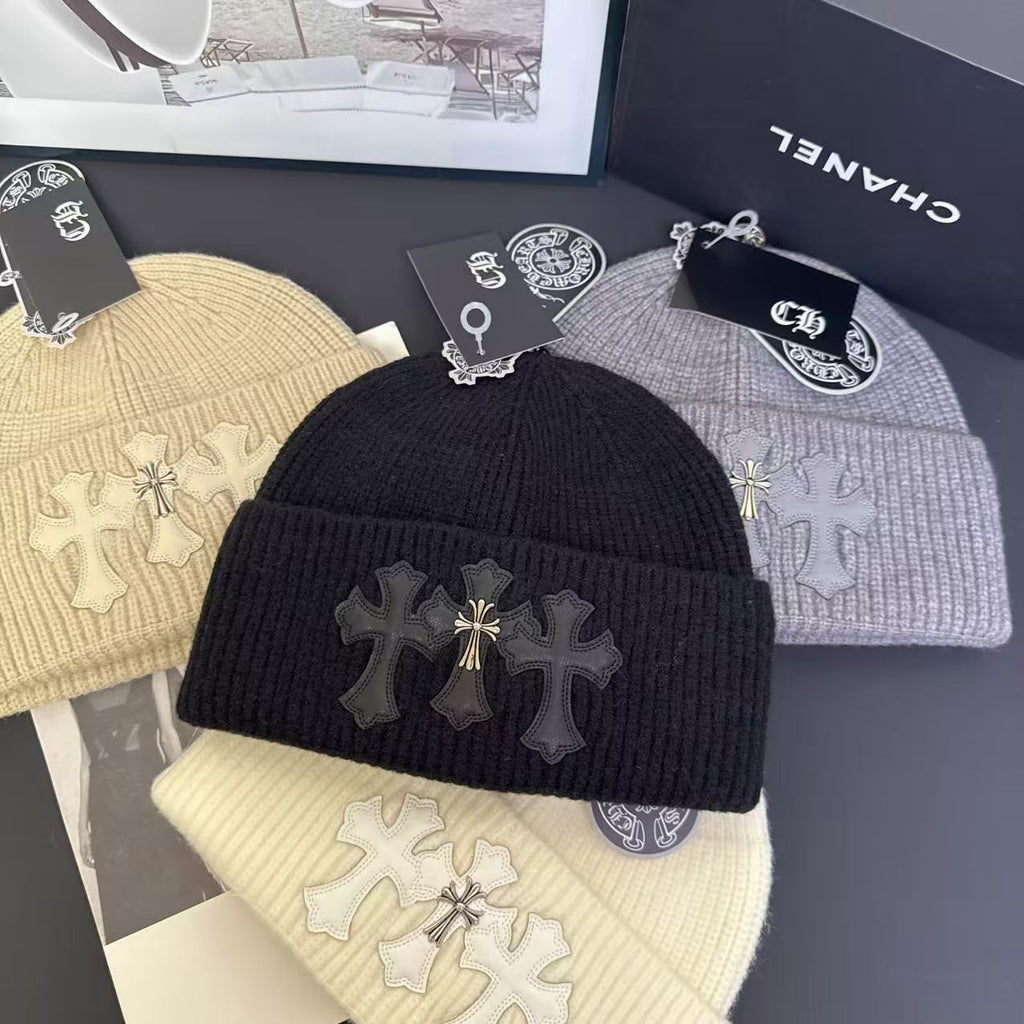 Knitted Hat with Cross Design Warm Ear Protection Beanie