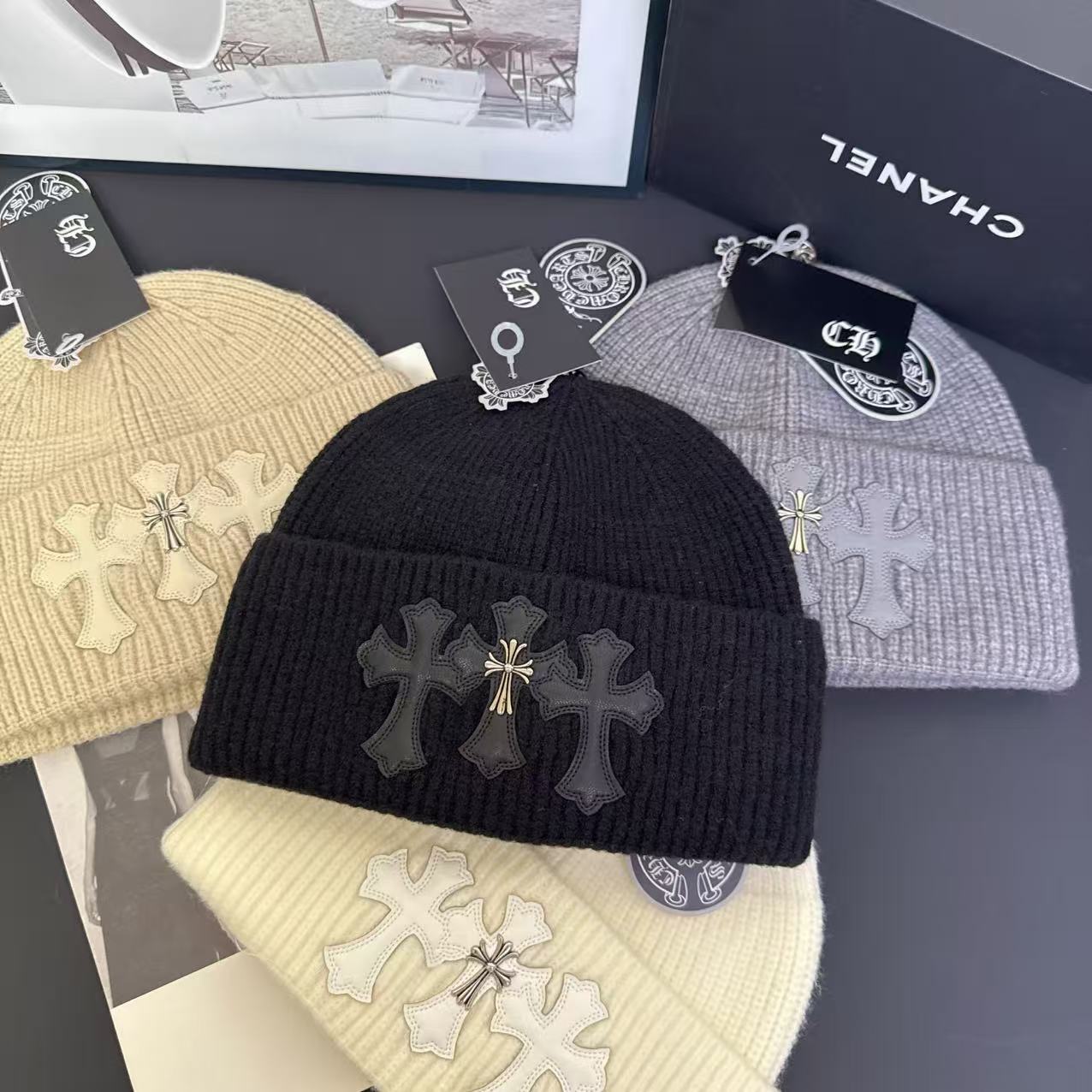 Knitted Hat with Cross Design Warm Ear Protection Beanie
