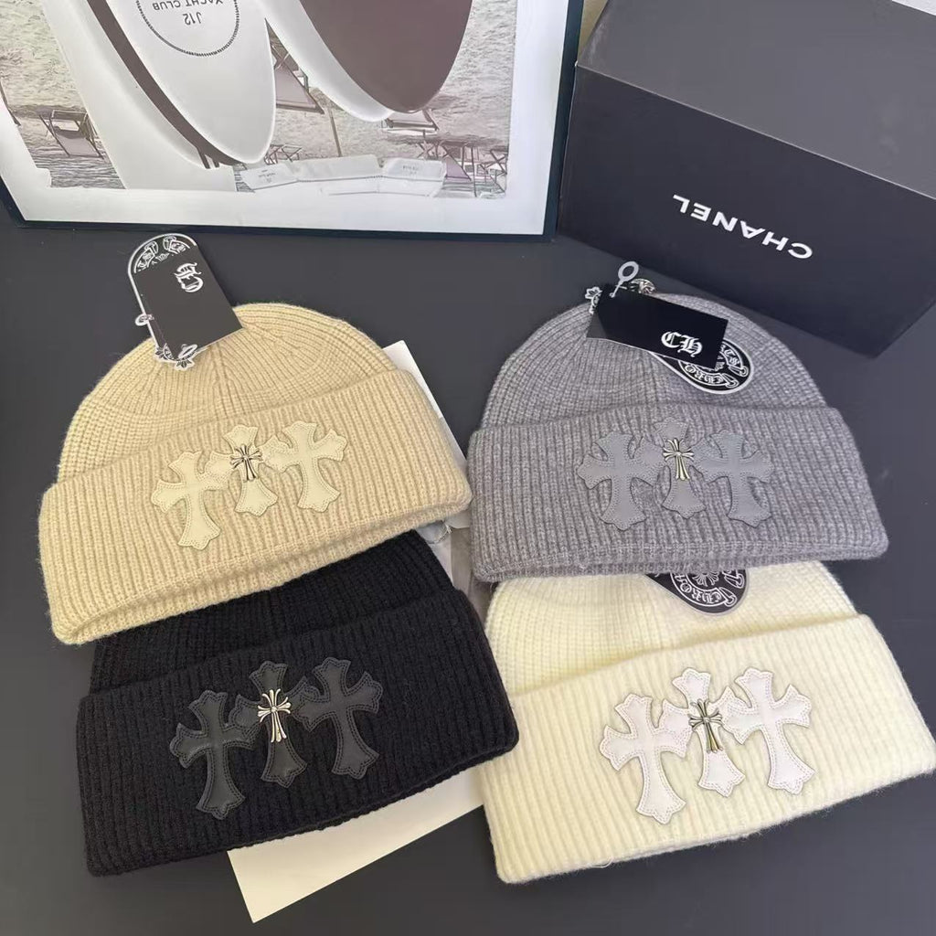 Knitted Hat with Cross Design Warm Ear Protection Beanie