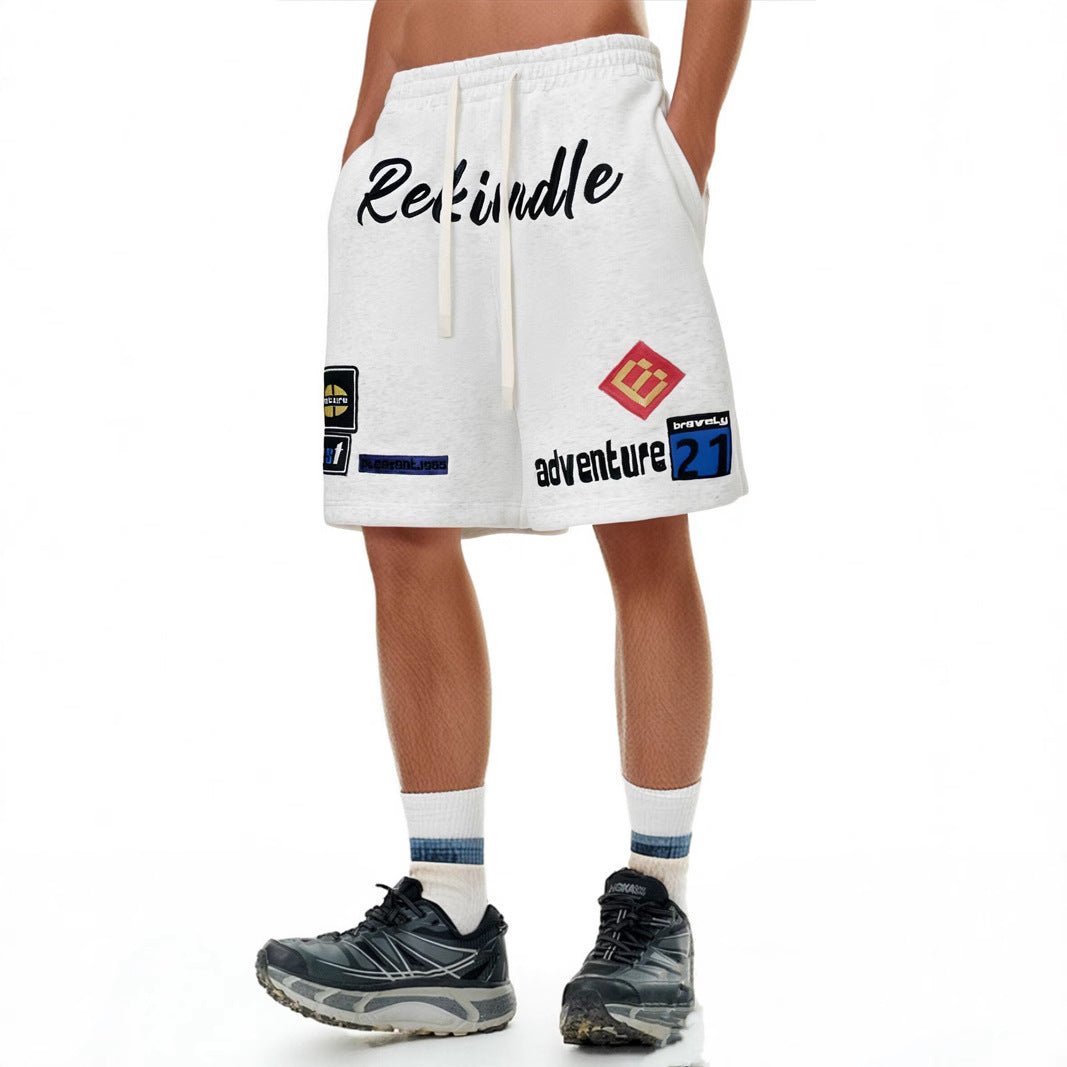 High Street Hip Hop Embroidered Letter Five-Quarter Pants Men Loose Street Style Wide Leg Sports Shorts