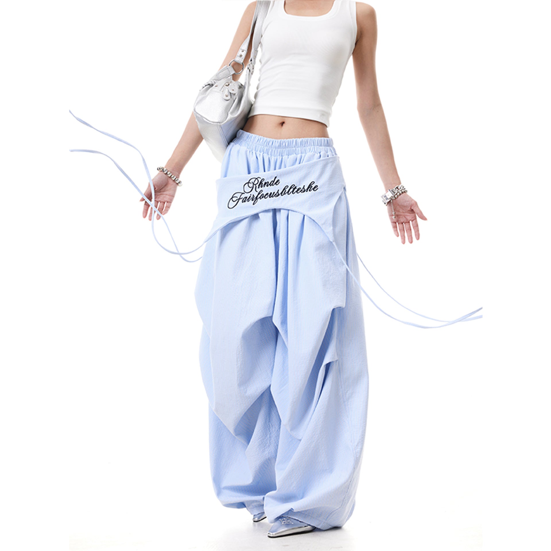 Strap striped casual wide leg pants fart curtain parachute pants