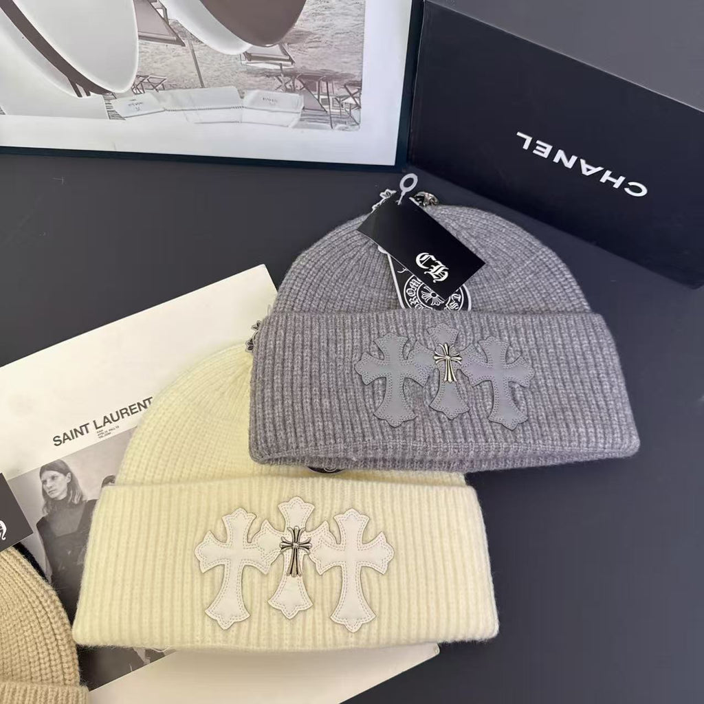 Knitted Hat with Cross Design Warm Ear Protection Beanie