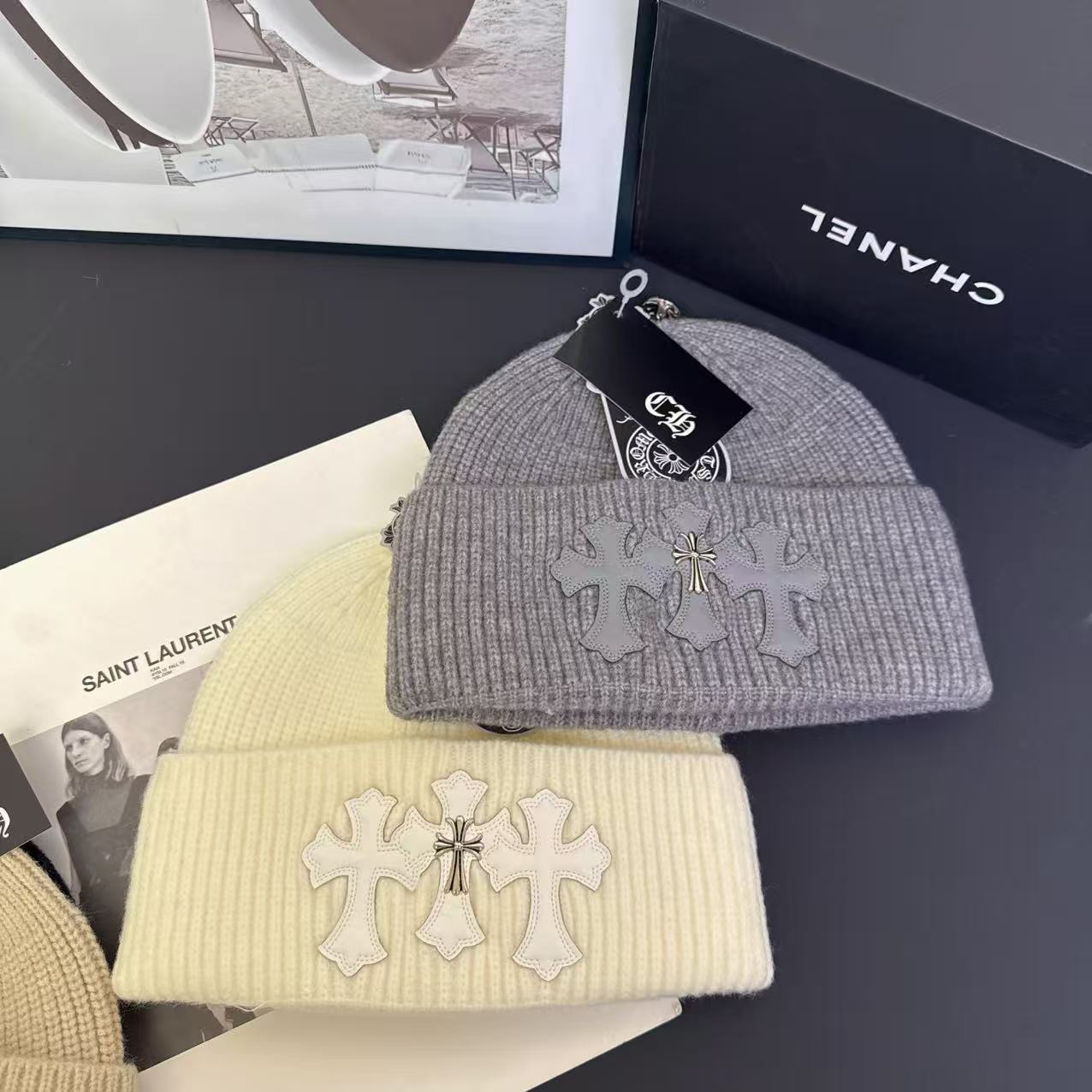 Knitted Hat with Cross Design Warm Ear Protection Beanie