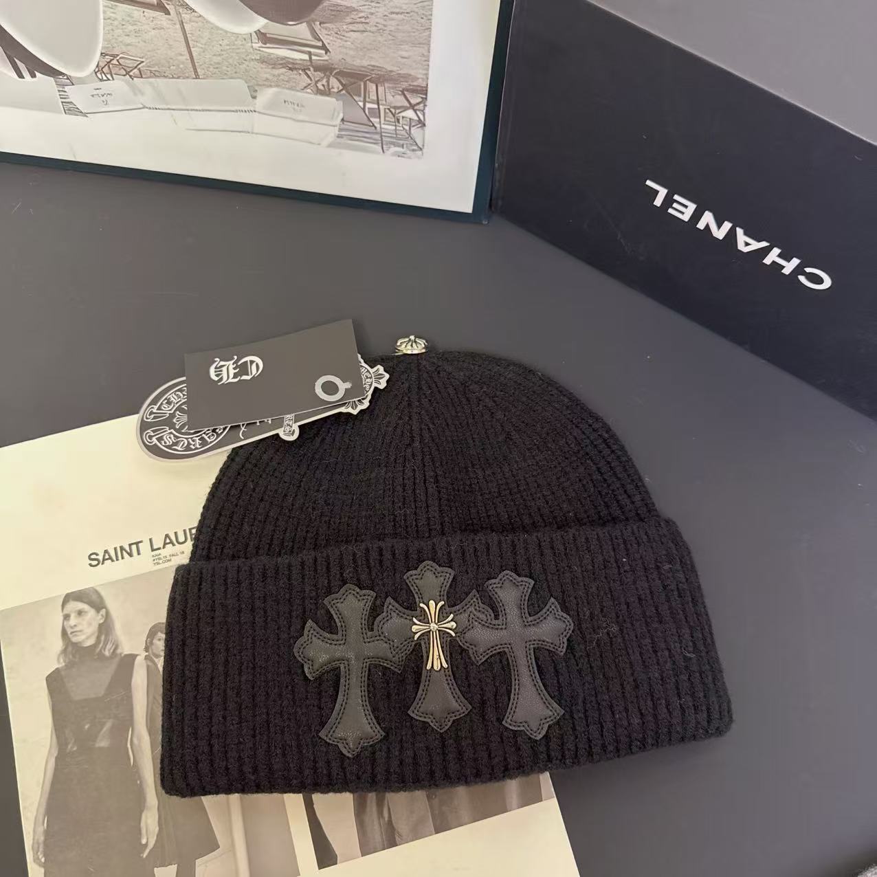 Knitted Hat with Cross Design Warm Ear Protection Beanie