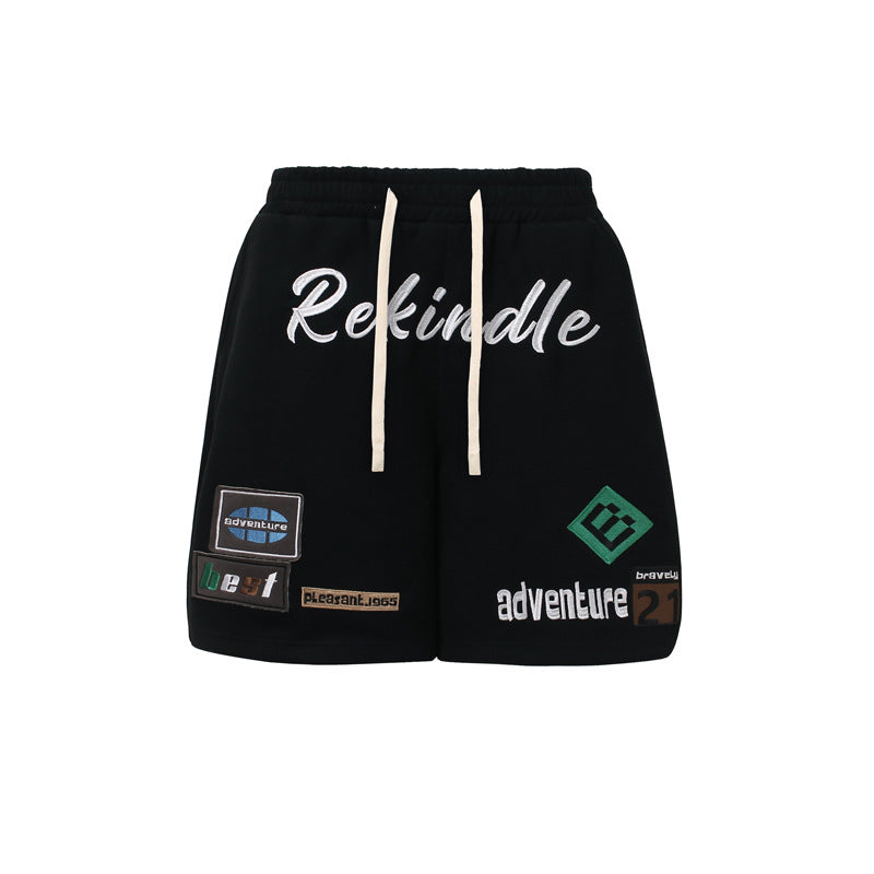 High Street Hip Hop Embroidered Letter Five-Quarter Pants Men Loose Street Style Wide Leg Sports Shorts